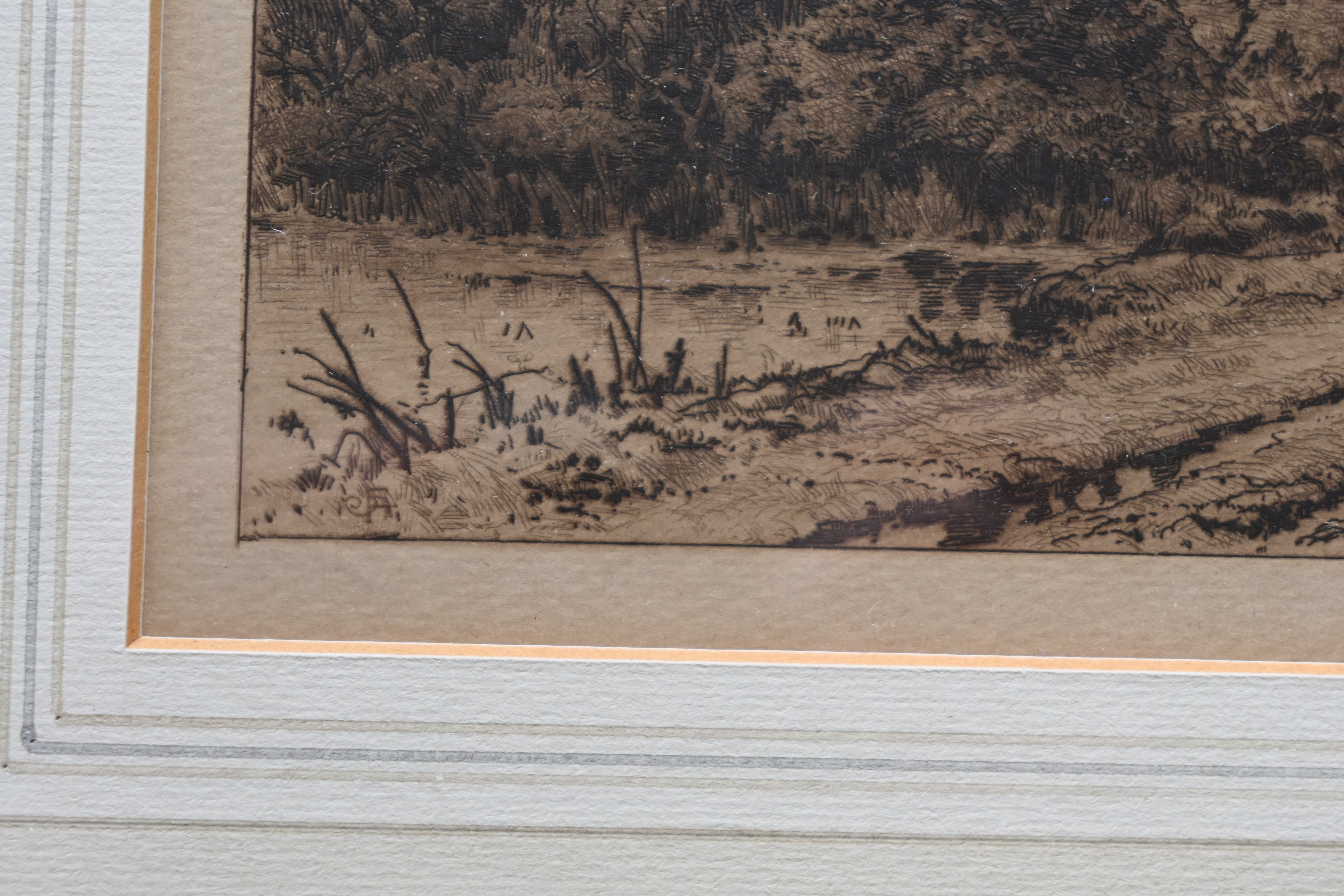 Landscape etching of a shepherd herding a flock of sheep through a gate with a sheep dog, - Image 4 of 4