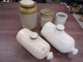 Stoneware pots and 2 bed/foot warmers