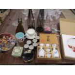 Chinese tea set, Boxed Chinese finger set, various glass and ceramics plus 2 metal votive holders