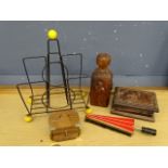 Retro 'Sputnik' magazine rack, wooden decanter and brush etc