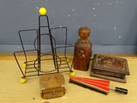 Retro 'Sputnik' magazine rack, wooden decanter and brush etc