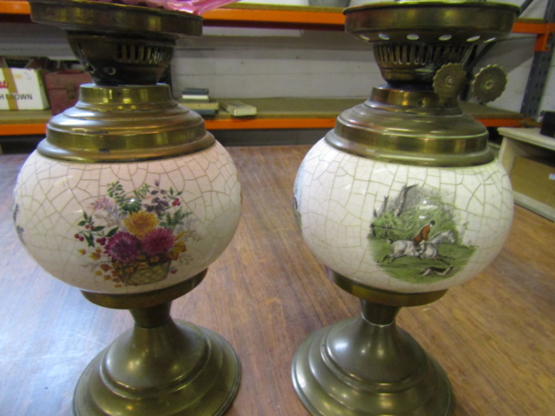2 oil lamps with ceramic base one with shade - Image 2 of 3