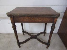 French Louis XVI style penwork decorated and brass mounted fold over games table