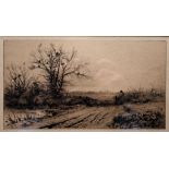 Landscape etching of a shepherd herding a flock of sheep through a gate with a sheep dog,