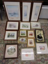 A variety of pictures inc signed glass painting of a lady, limited edition prints, watercolours,