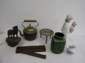 Brassware, cribbage board, ornament (repaired) etc
