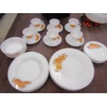 Pyrex 'Marigold' 34 piece part dinner set comprising 5 dinner plates, 6 side, 6 cups and saucers,