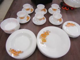 Pyrex 'Marigold' 34 piece part dinner set comprising 5 dinner plates, 6 side, 6 cups and saucers,