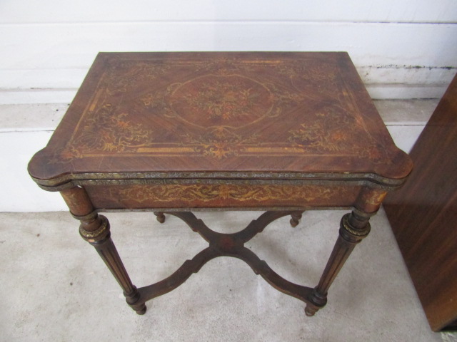 French Louis XVI style penwork decorated and brass mounted fold over games table - Image 2 of 8