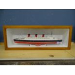 Cased H.M.S. Queen Mary model ship. Case size H23cm W63cm D13cm approx
