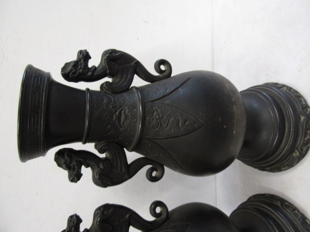 A pair black ceramic Oriental vases 38cmH - Image 2 of 4