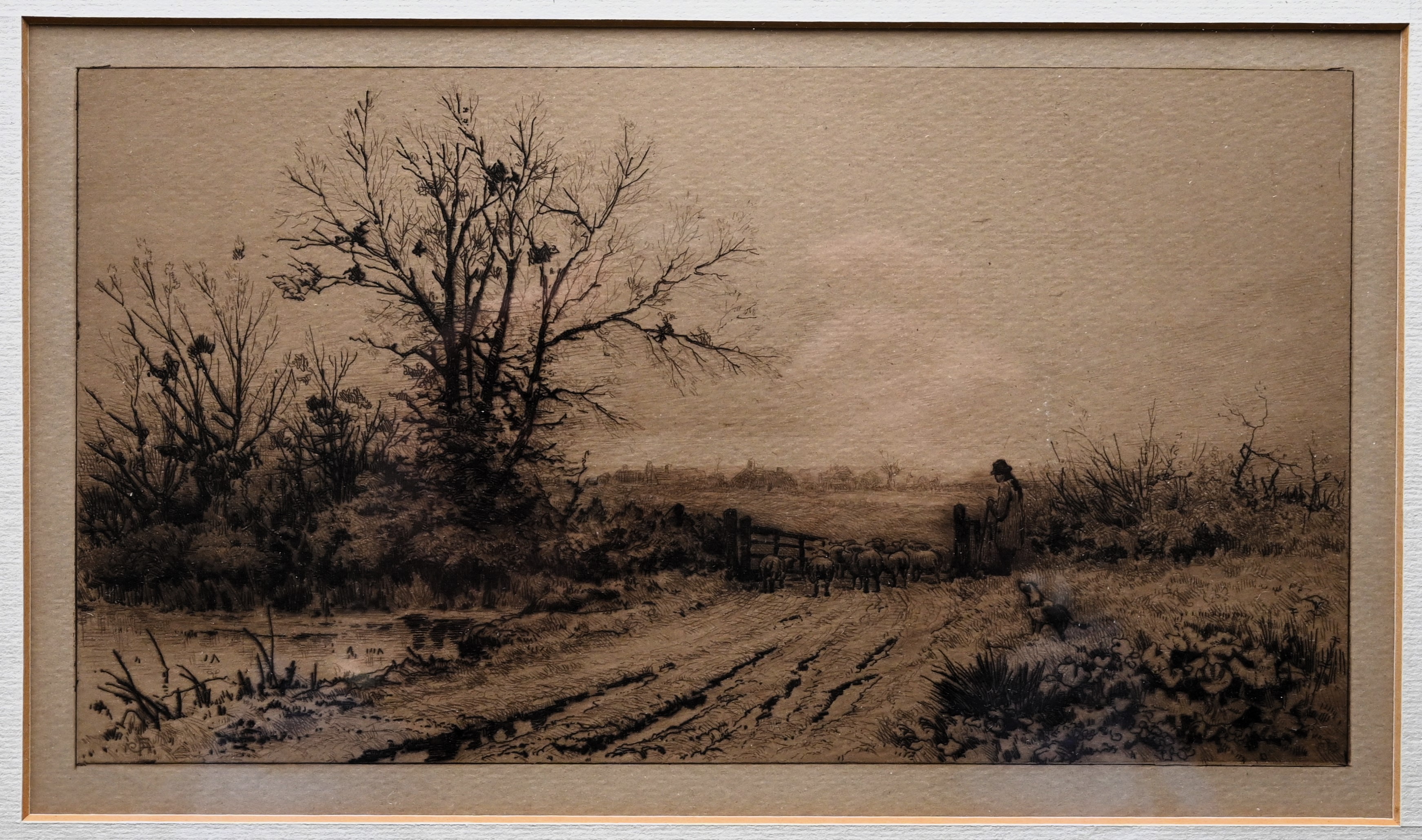 Landscape etching of a shepherd herding a flock of sheep through a gate with a sheep dog, - Image 3 of 4