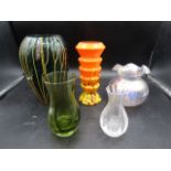 Art glass vases inc iridescent hand blown vase and a Wedgwood vase Orange vase has nibbles around