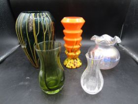 Art glass vases inc iridescent hand blown vase and a Wedgwood vase Orange vase has nibbles around