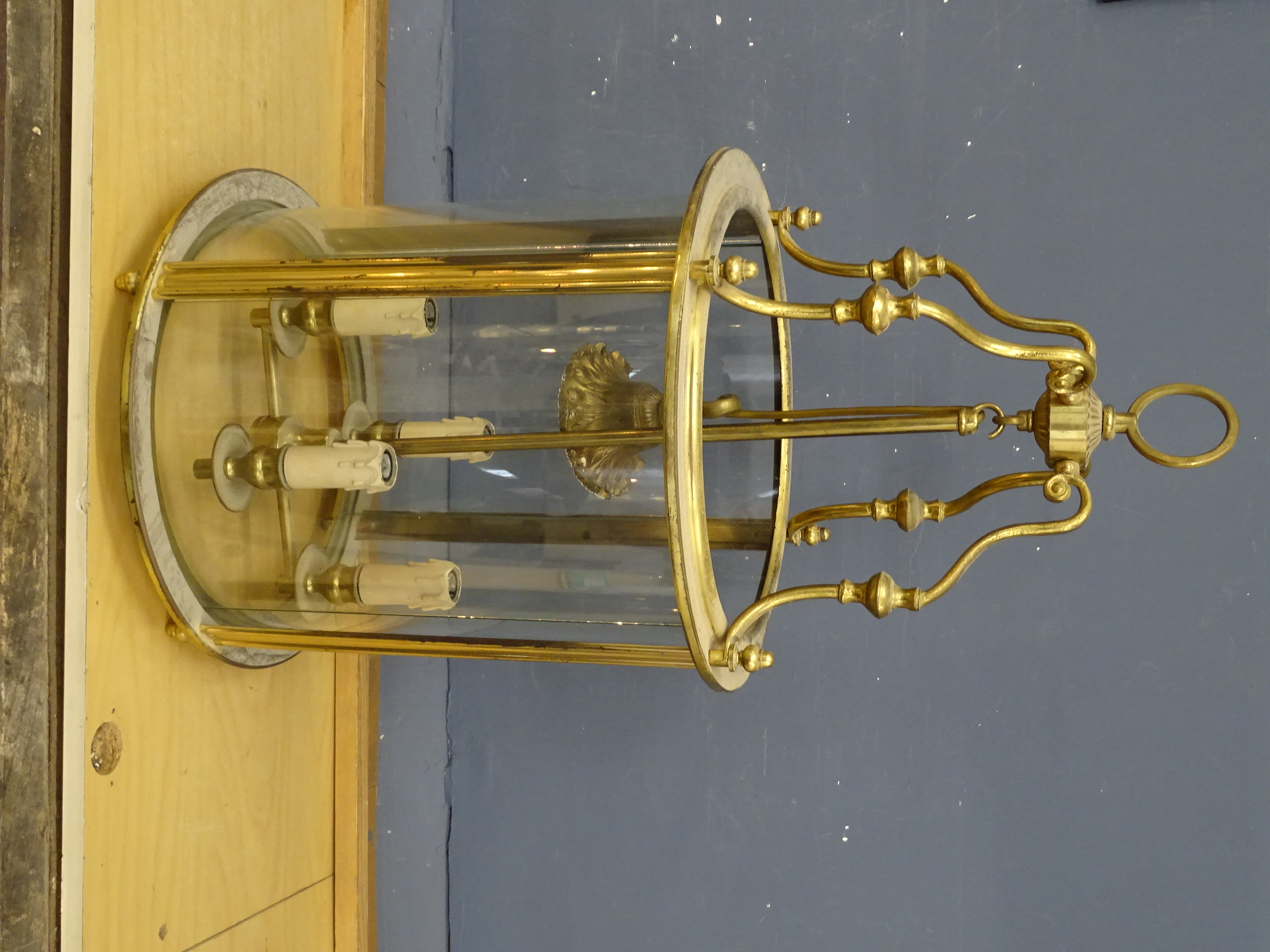 A brass cylinder hanging lantern with all glass intact H70cm Diameter 37cm approx - Image 2 of 3