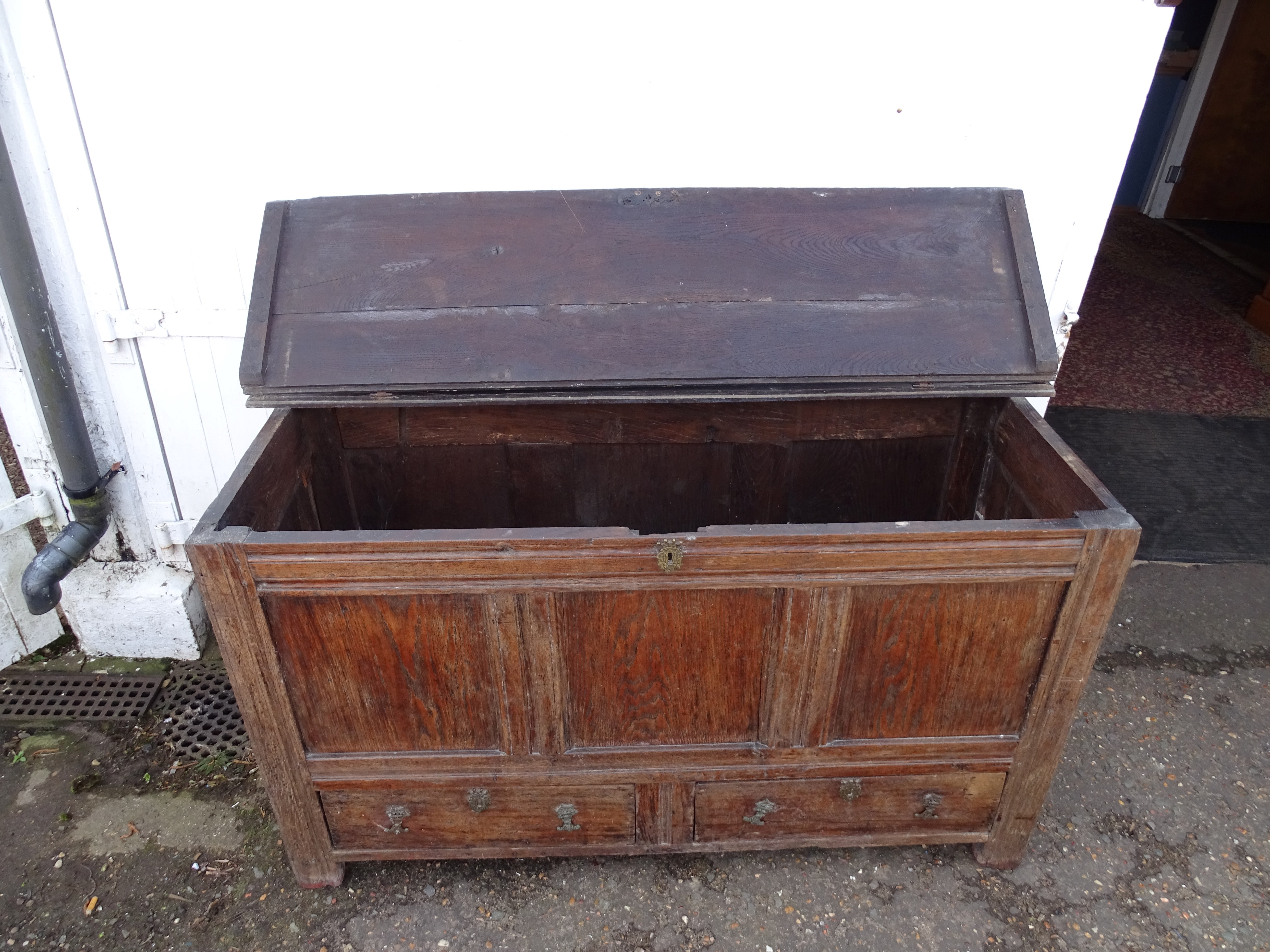 Antique oak coffer with 2 drawers to base H80cm W144cm D51cm approx - Image 6 of 6