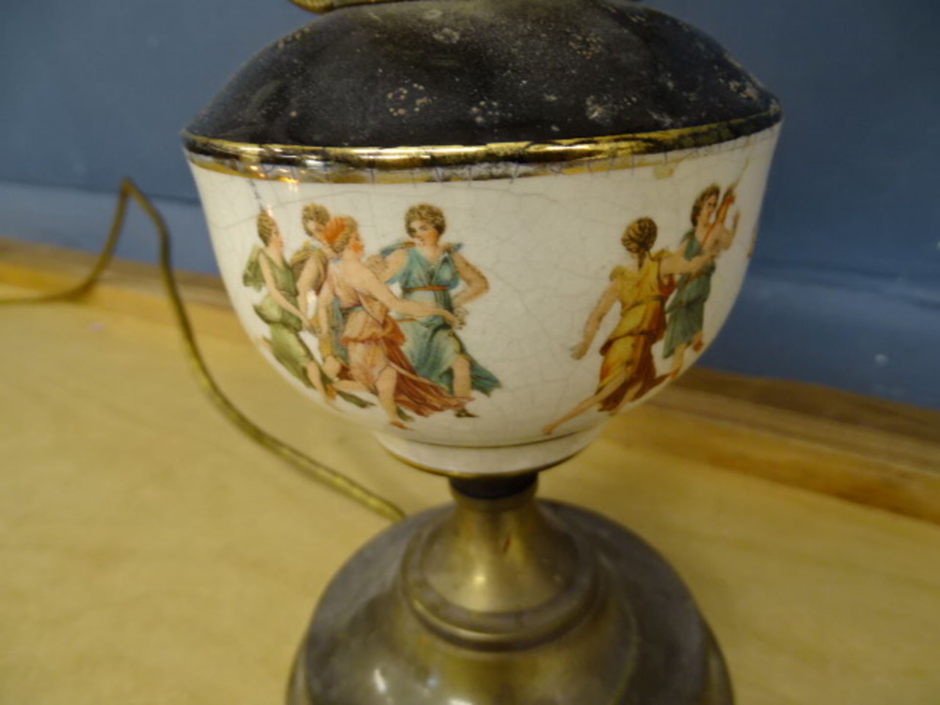 Brass and porcelain oil lamp converted to electric (no plug) - Image 2 of 2