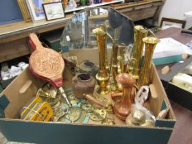 Metal wares inc copper/brass jugs, brass door furniture and a vintage glue pot, mirror and tobacco