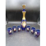 Bohemian cobalt blue cordial decanter and 6 glasses