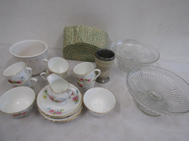 Tuscan part tea set, Pair vases, West German planter, 2 glass cake stands etc