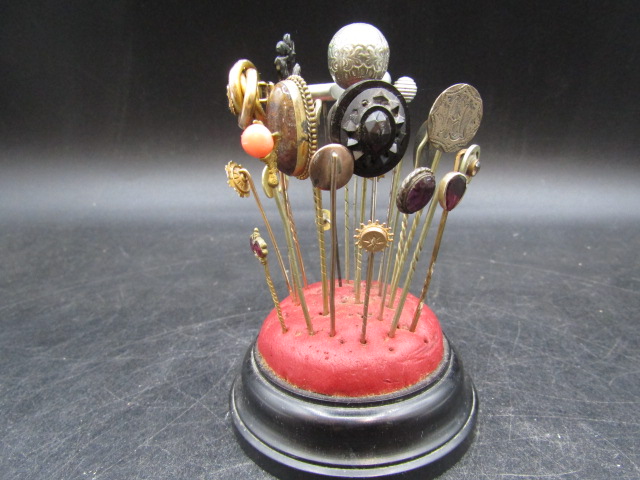 21 stick pins - 3x 9ct gold with ebony and leather base - Image 2 of 4