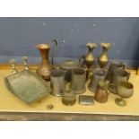 Mixed metalware to include brass vases, copper jugs and tankards etc