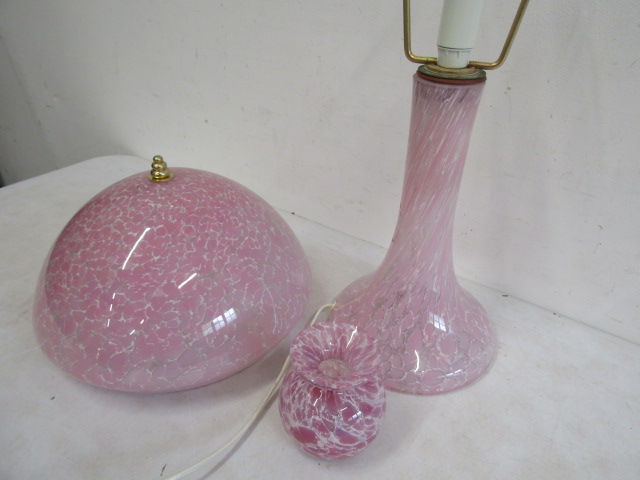 Pink glass lamp base, plafoniere and vase