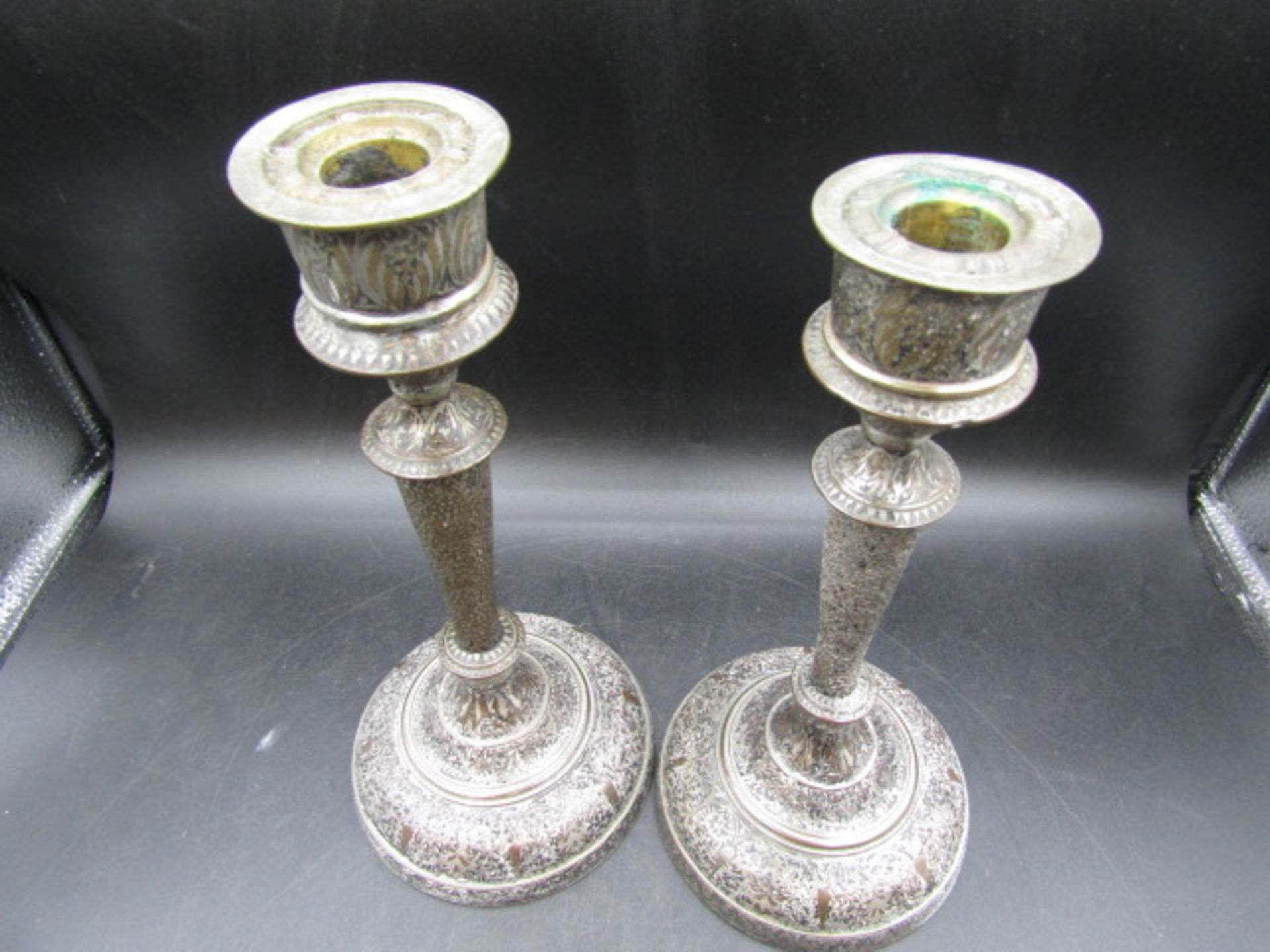 A pair bronze? inlaid Islamic? candlesticks  one needs repair - Image 3 of 6