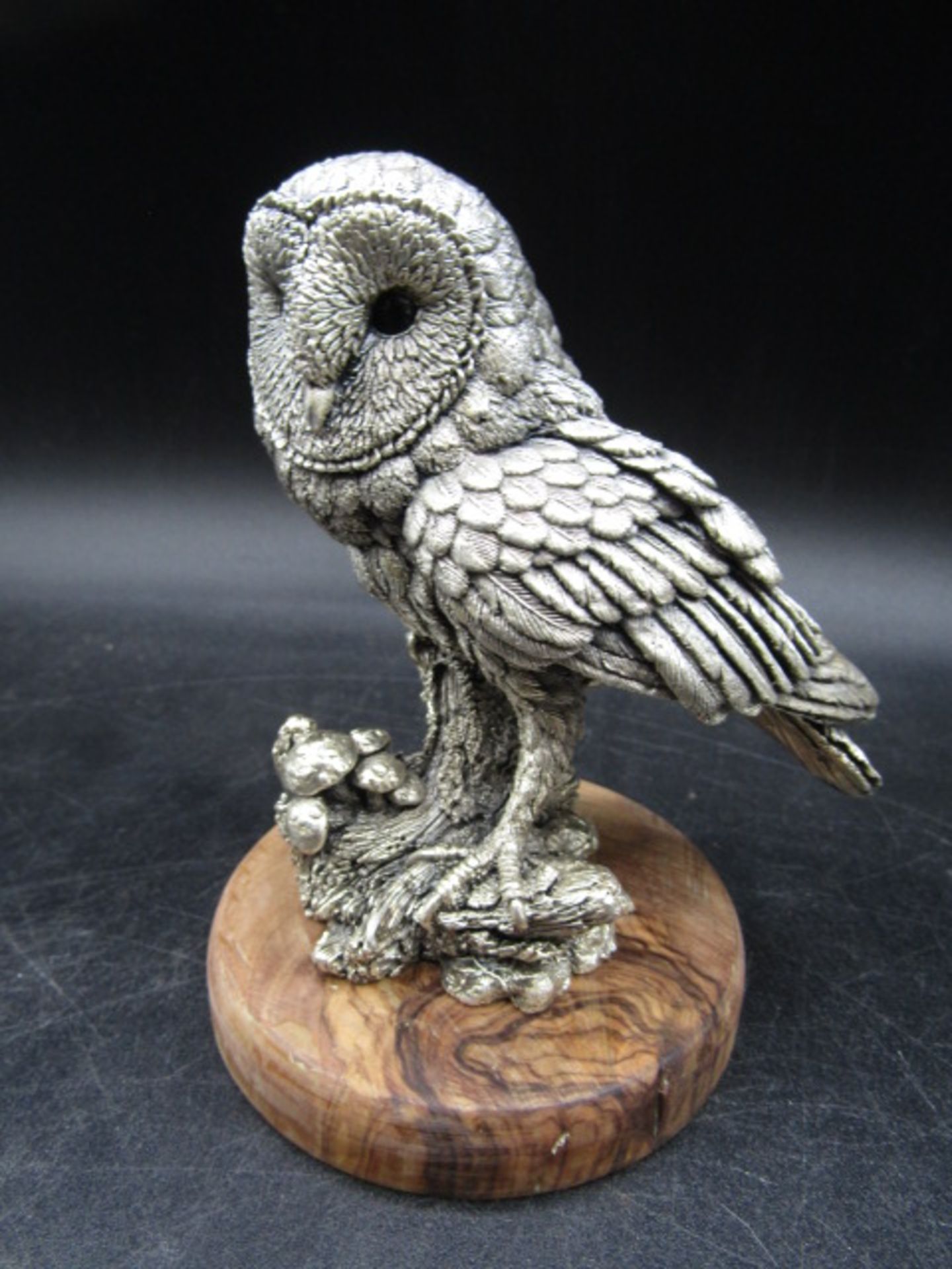 A silver owl on a wooden plinth, stamped with hallmarks and 'Langford  CA 1992' on the base 12cmH - Image 2 of 6