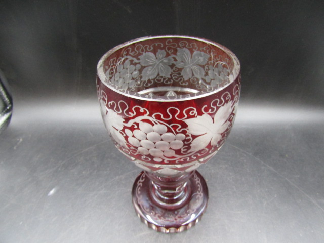 Bohemia ruby red etched goblet 18cmH - Image 2 of 2