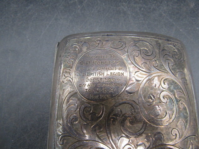 A silver cigarette case with presentation inscription to C. Roberts (medals in militaria) 62gms - Image 2 of 6