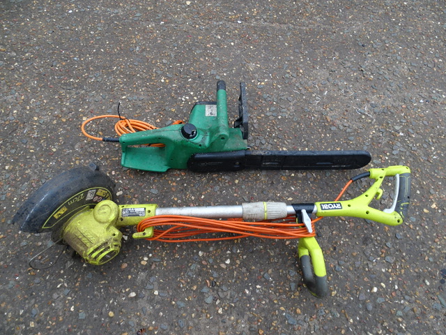 Ryobi strimmer and an electric chainsaw from a house clearance