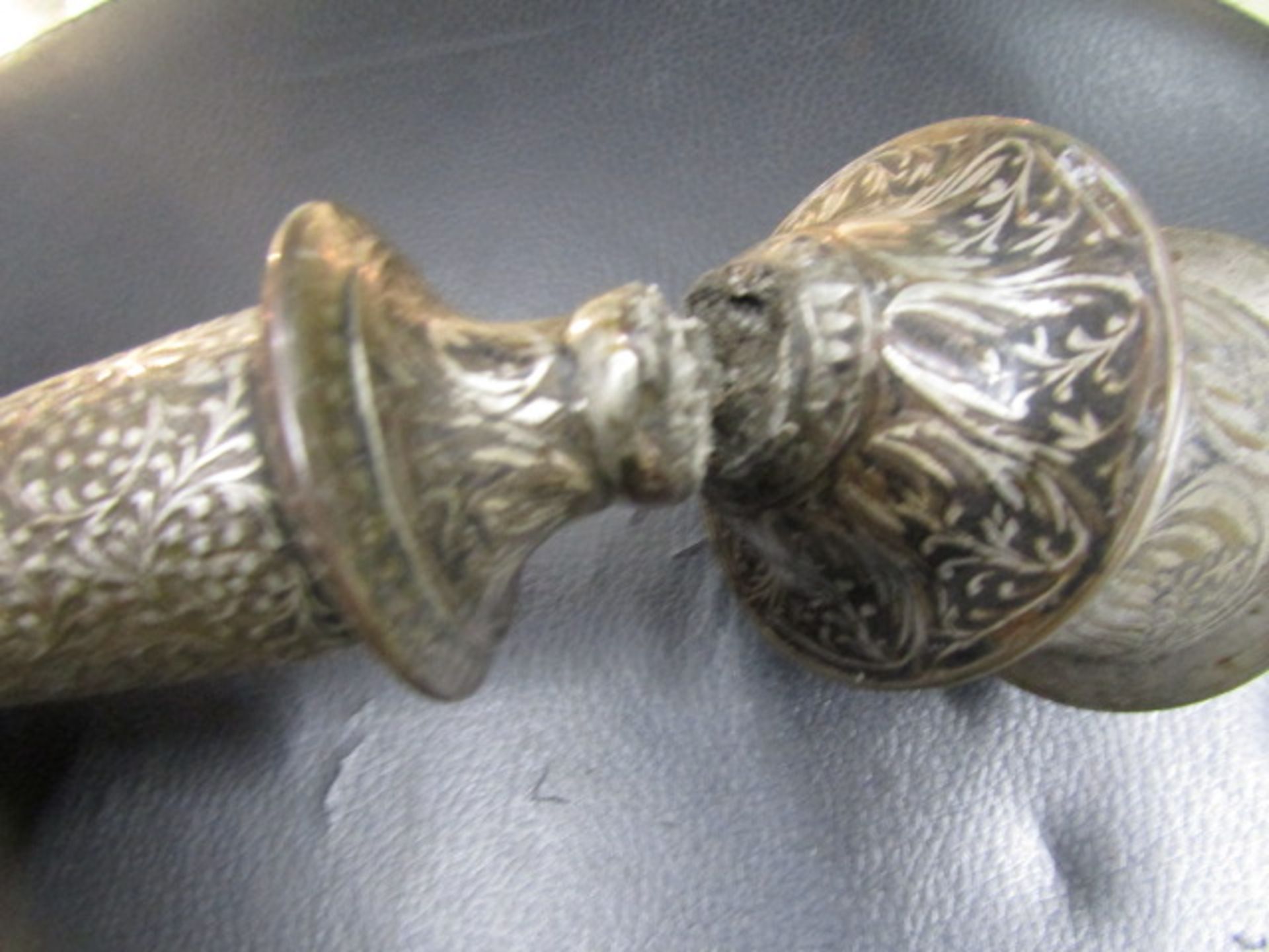 A pair bronze? inlaid Islamic? candlesticks  one needs repair - Image 4 of 6