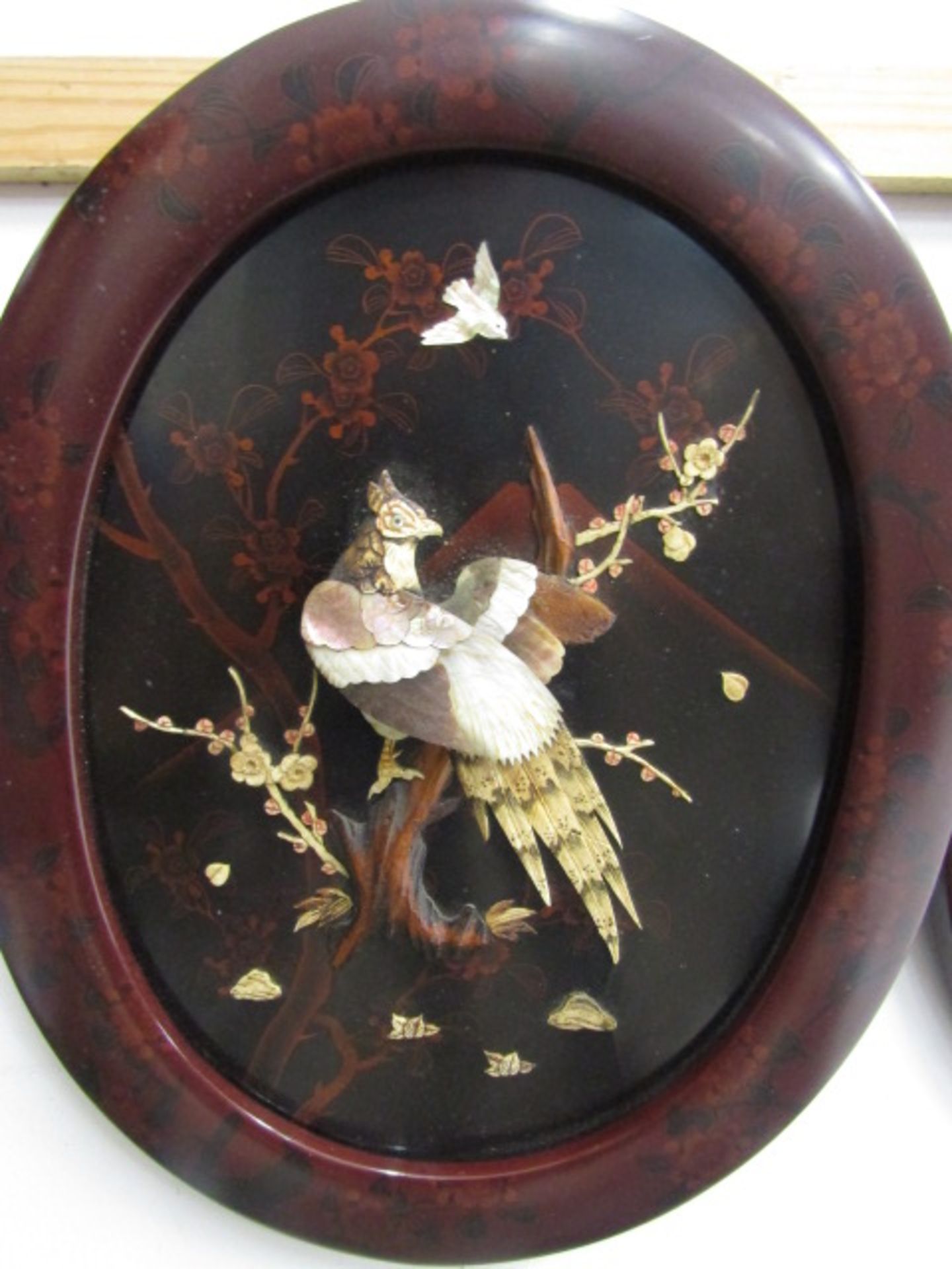 2 Shibayama plaques of birds in mother of pearl 3D design with lacquered style frames 54cmH - Image 2 of 5