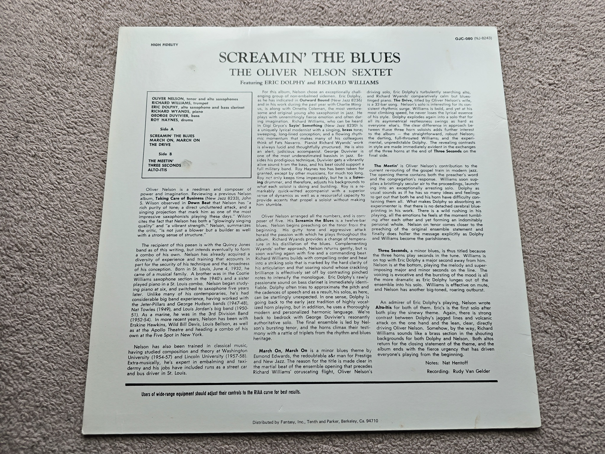 Oliver Nelson Sextet Featuring: Eric Dolphy / Richard Williams – Screamin' The Blues Near Mint Jazz - Image 2 of 4