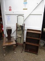 Bookcase, burr walnut veneer coffee table, drop leaf table and mirror