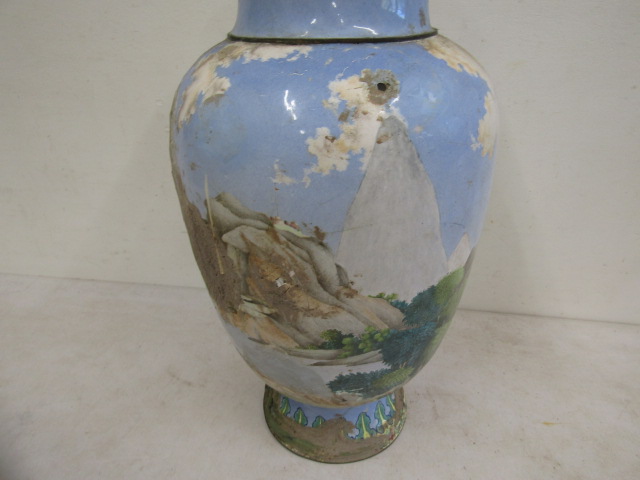 A enamel floor vase with hand painted scenes  (crude repairs to the damaged scenes ) damage around - Image 8 of 9