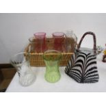 Art glass handbag and a quantity vases