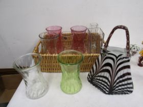 Art glass handbag and a quantity vases