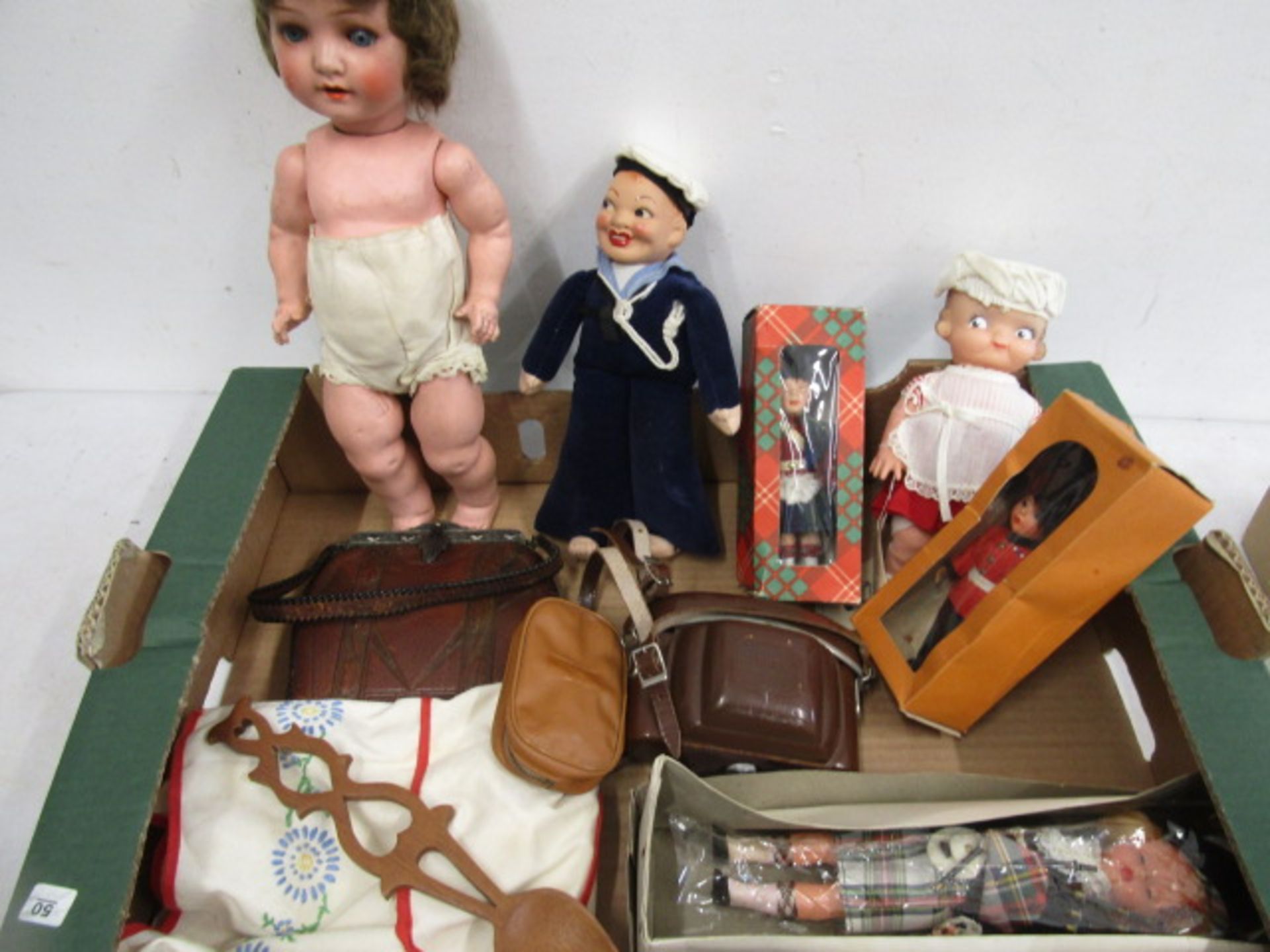 vintage dolls, Ilford camera and vintage bag