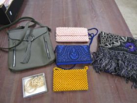 vintage beaded bags, a shawl, pearls and a modern bag