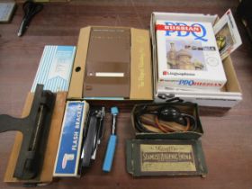 Lingua phone,  Rapid reading kit, Vintage Enema tool in box, pocket microscope and a hole punch