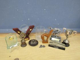 Greyhound trophies, glass clock and tankard etc