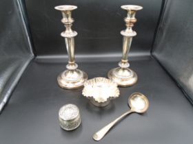 Silver plated items - A pair of weighted candlesticks, a Mappin & Webb scallop edge bowl, Mappin &