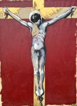 Peter Denmark (1950-2014) Acrylic on canvas "Crucifixion" 182cm wide by 248cm high Provenance, the