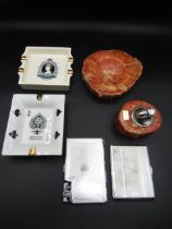 Italian onyx? table lighter and ashtray, 2 ceramic ashtrays, cig case and lighter/case