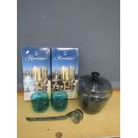 Boxed Champagne glasses and coloured glass punch bowl set etc