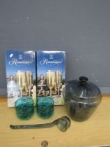Boxed Champagne glasses and coloured glass punch bowl set etc