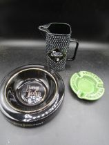 Ceramic Black Label whiskey jug and 2 ceramic ashtrays