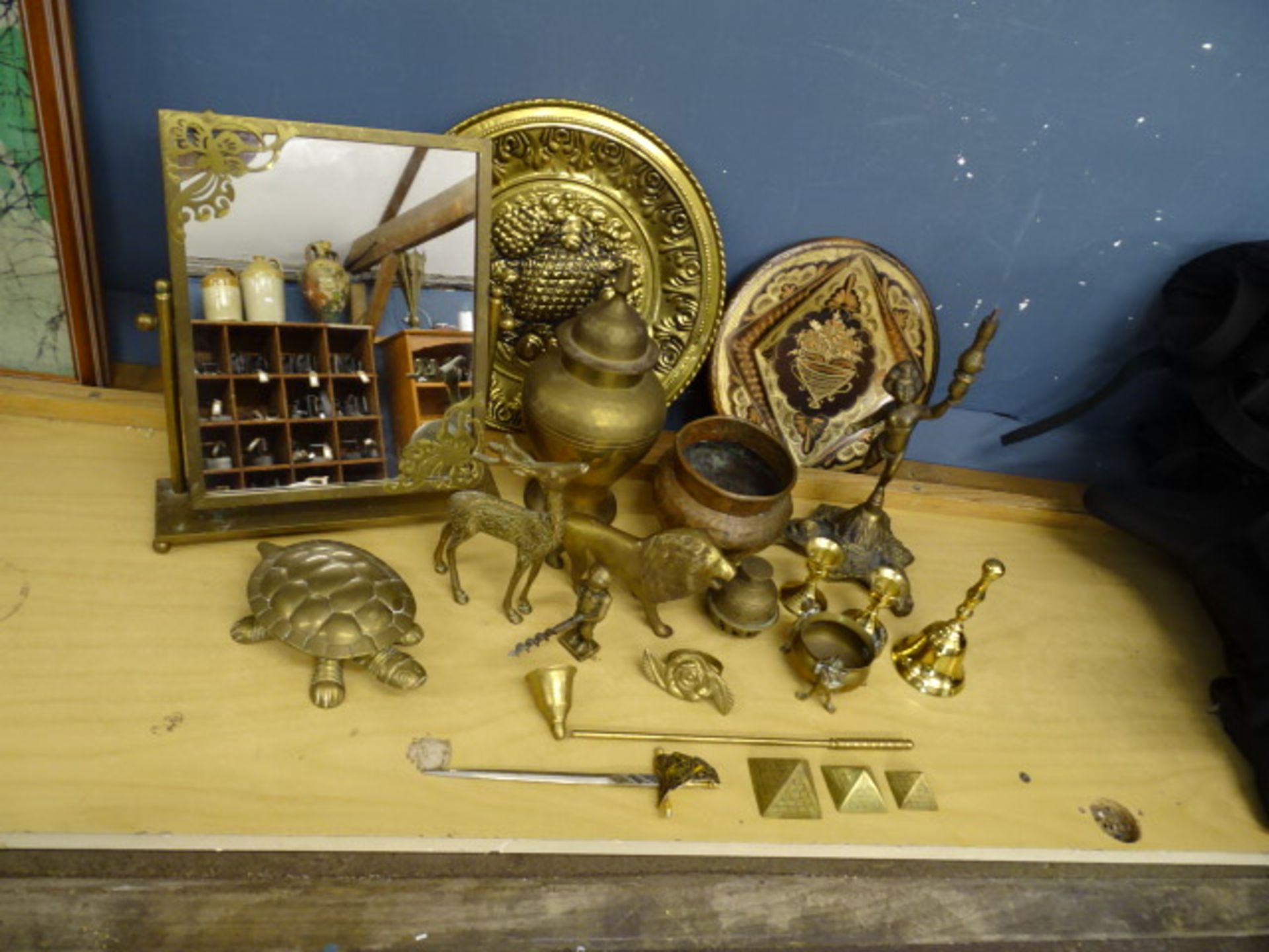 Brass framed dressing table mirror, animals and urn etc